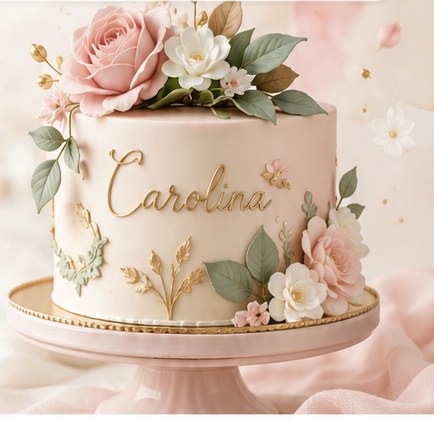 Bolo artesanal personalizado da Carolina, decorado com flores de açúcar e detalhes dourados