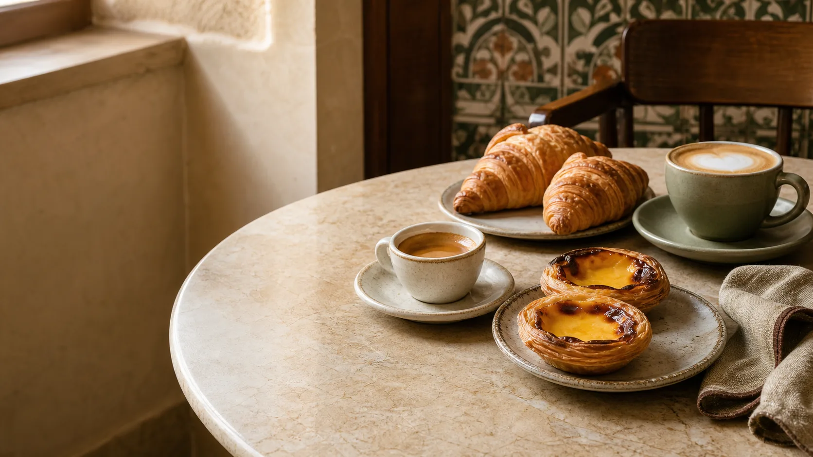 Mesa com café, pastéis de nata e croissants