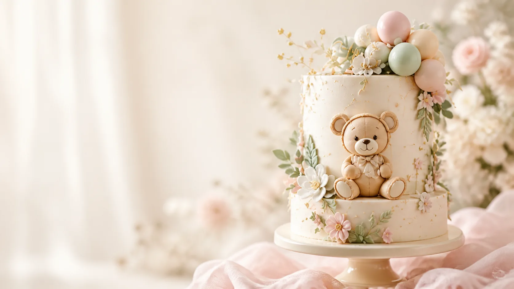 Bolo artesanal de dois andares com ursinho e decoração em tons pastel