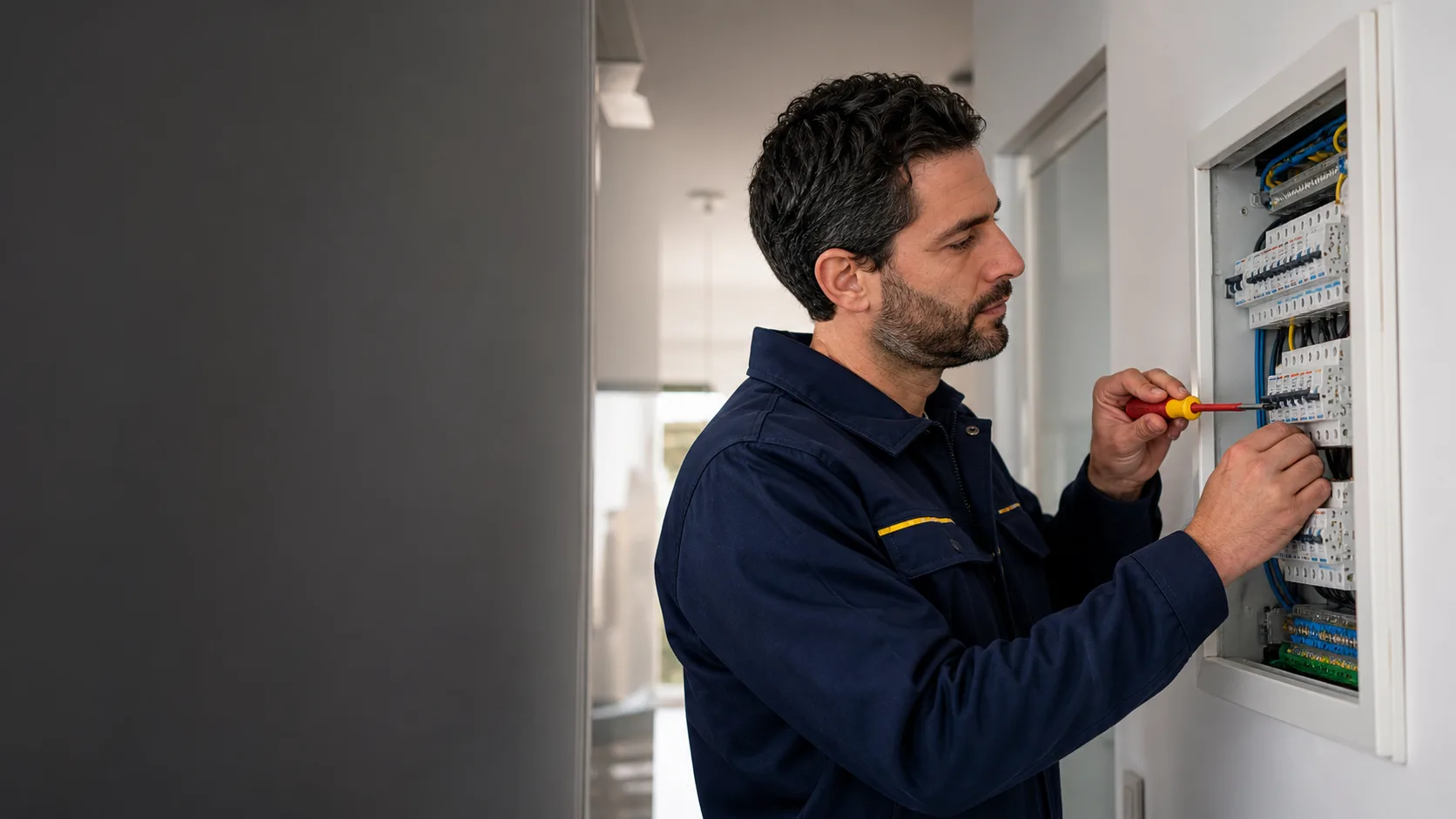 Eletricista a verificar um quadro elétrico residencial