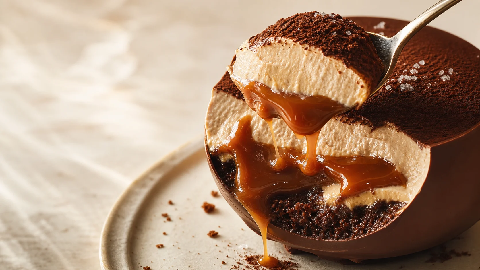 Colher a retirar uma camada cremosa de uma sobremesa de chocolate e caramelo