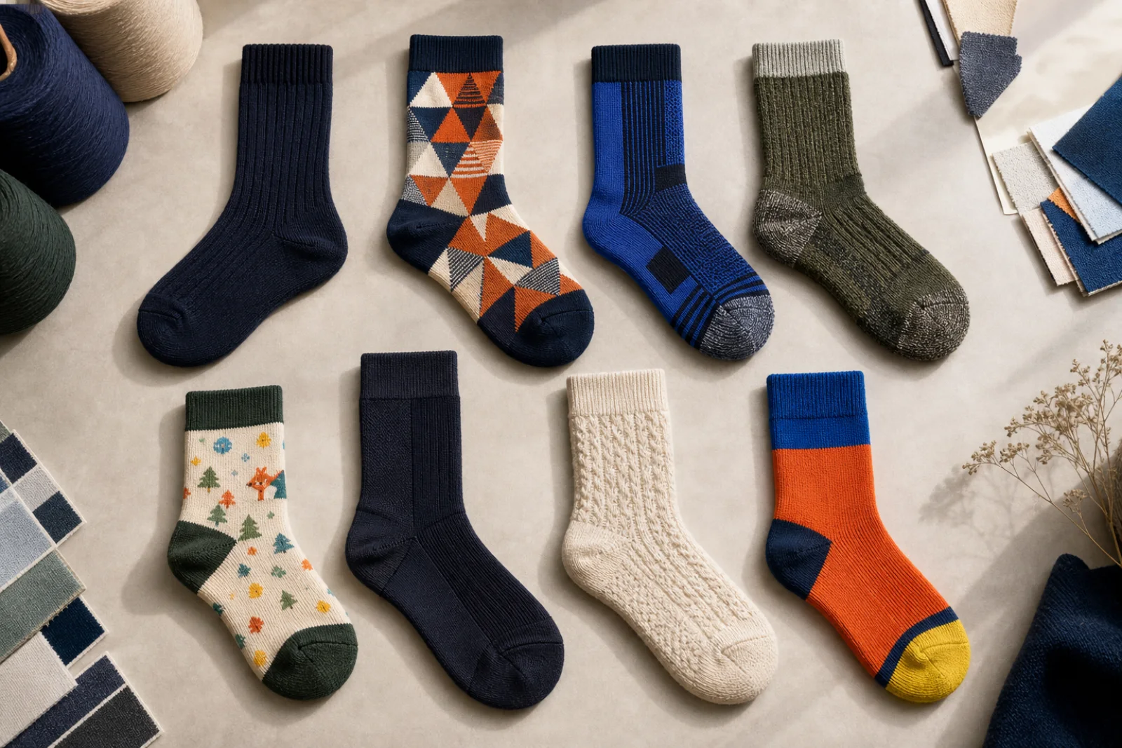 Coleção de meias com diferentes materiais, cores e padrões