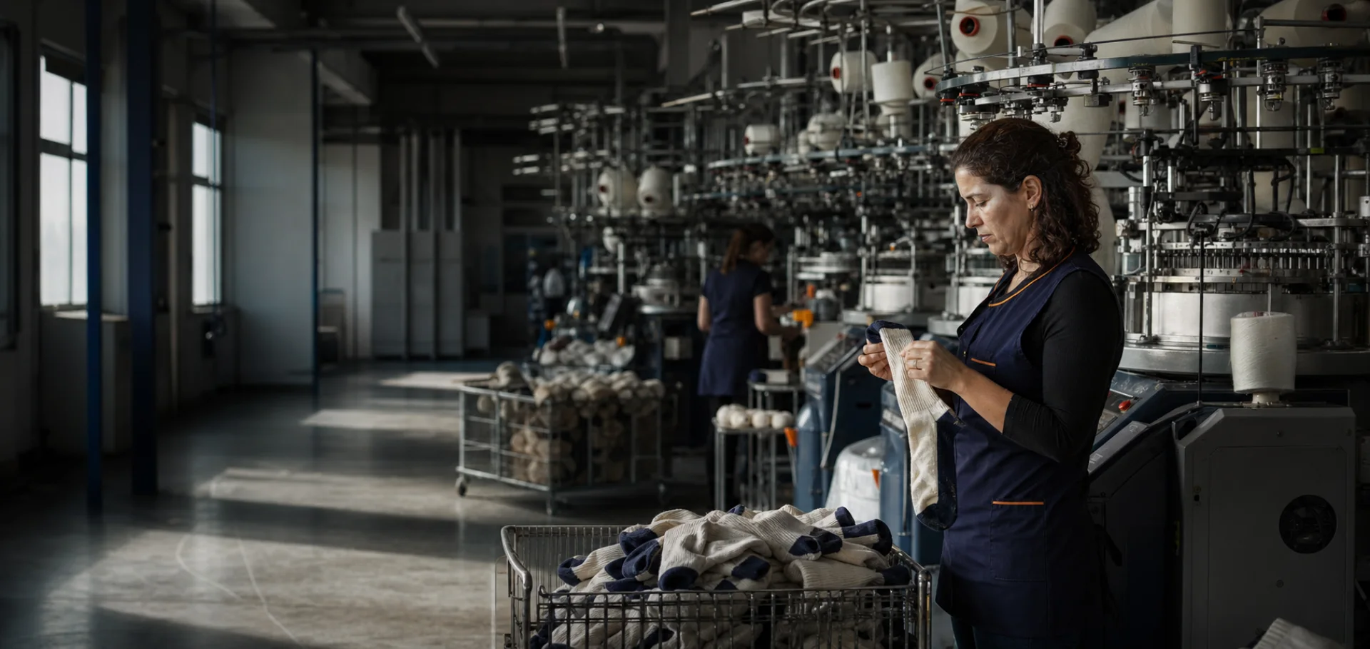Profissional a verificar meias junto às máquinas de produção