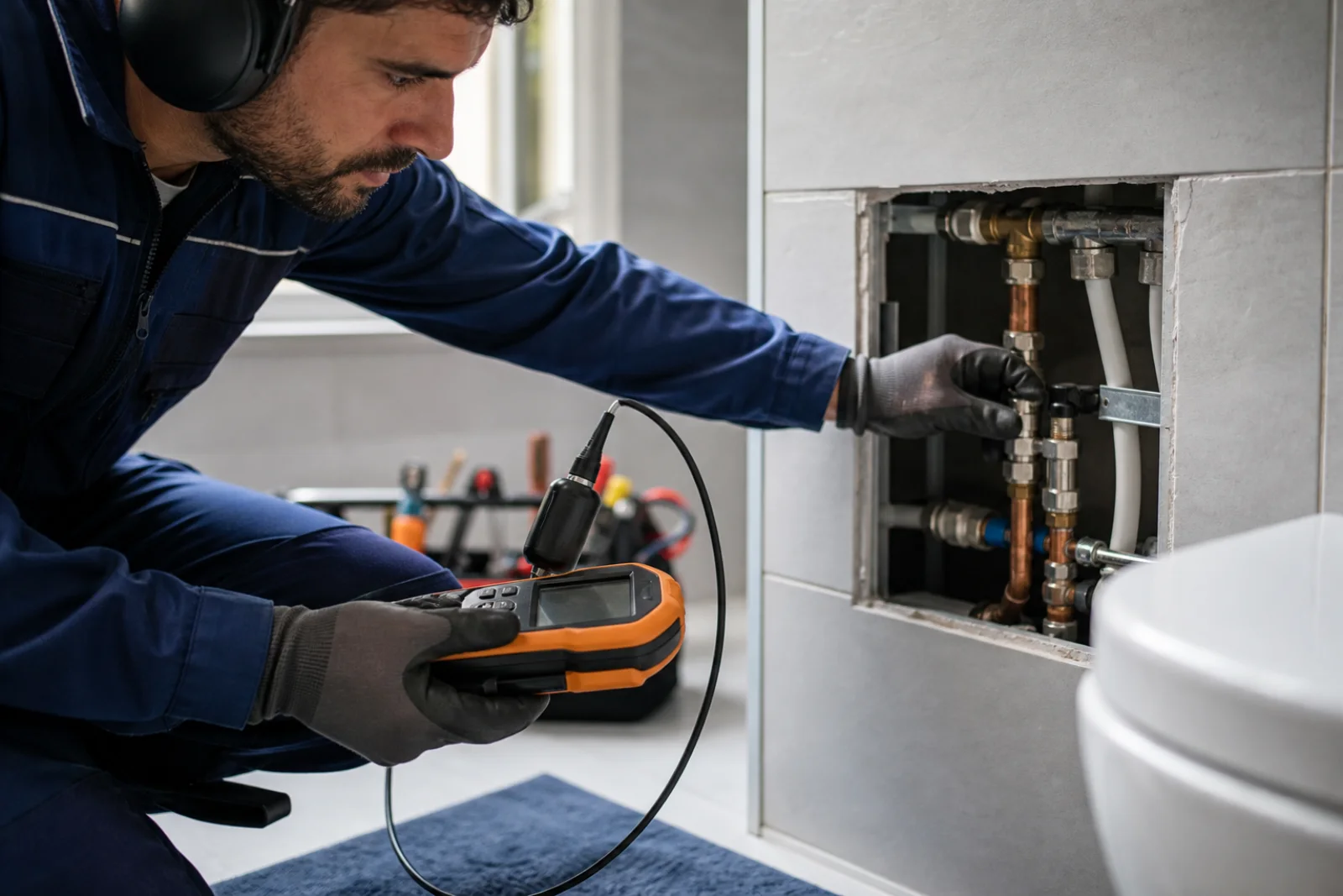 Técnico a diagnosticar uma fuga numa instalação de casa de banho