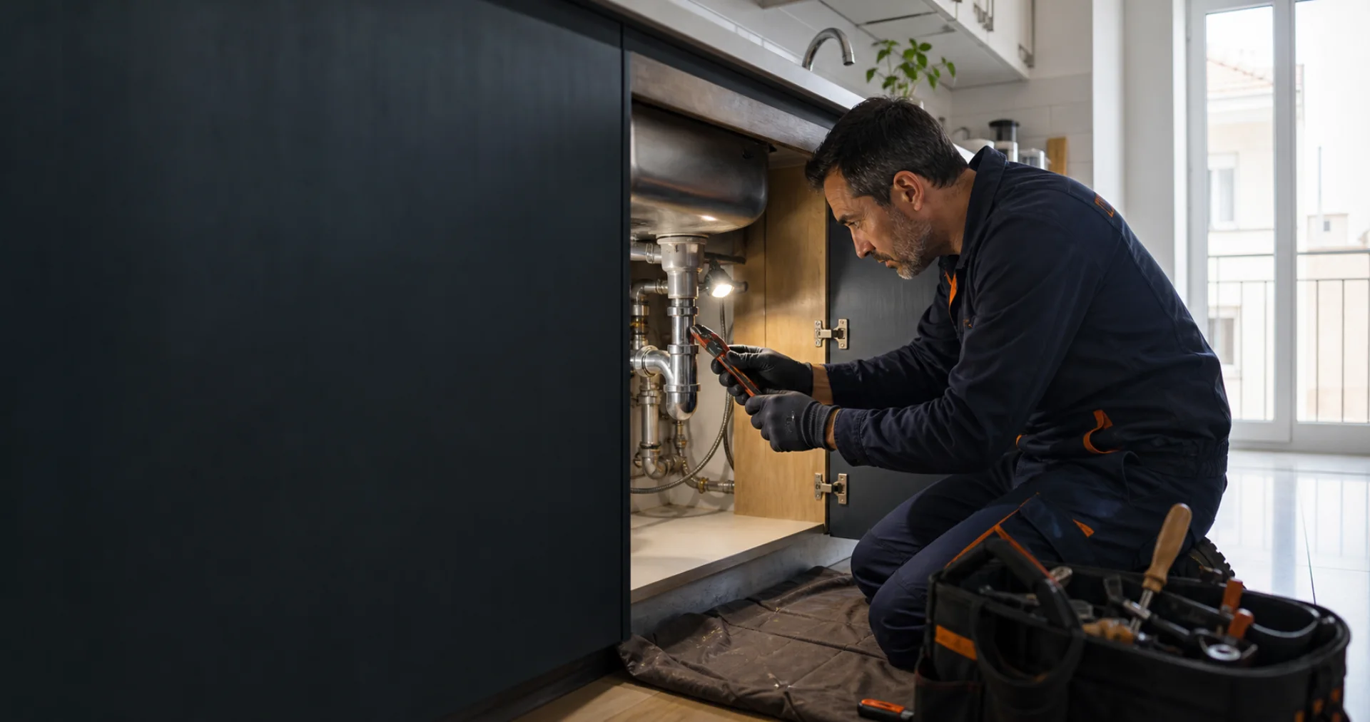 Canalizador experiente a reparar a canalização de uma cozinha em Lisboa