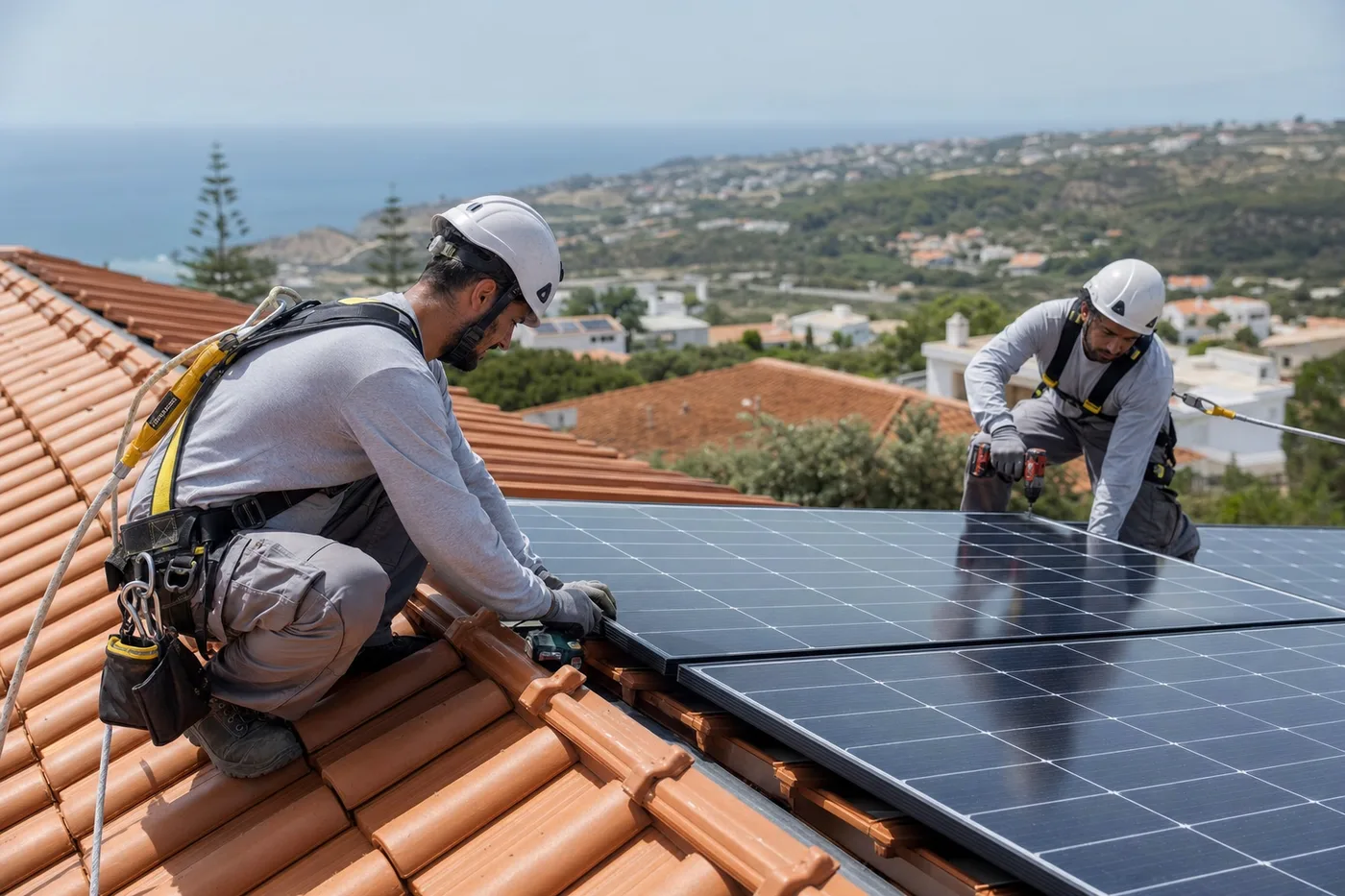 Dois técnicos instalam painéis solares em segurança num telhado português