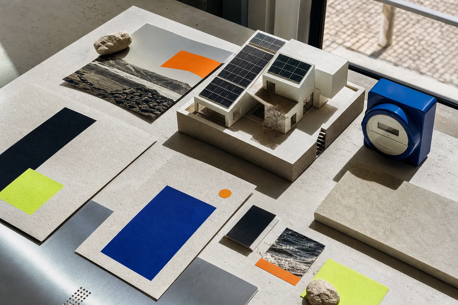 Materiais de campanha e modelo de arquitetura solar da marca fictícia Lumina