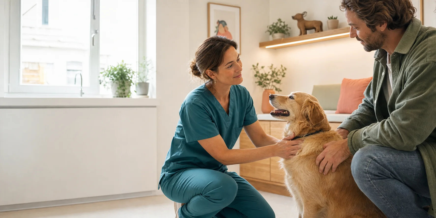 Veterinária a observar um cão acompanhado pelo tutor