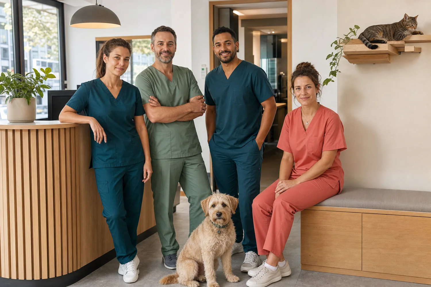 Equipa veterinária fictícia na receção da clínica