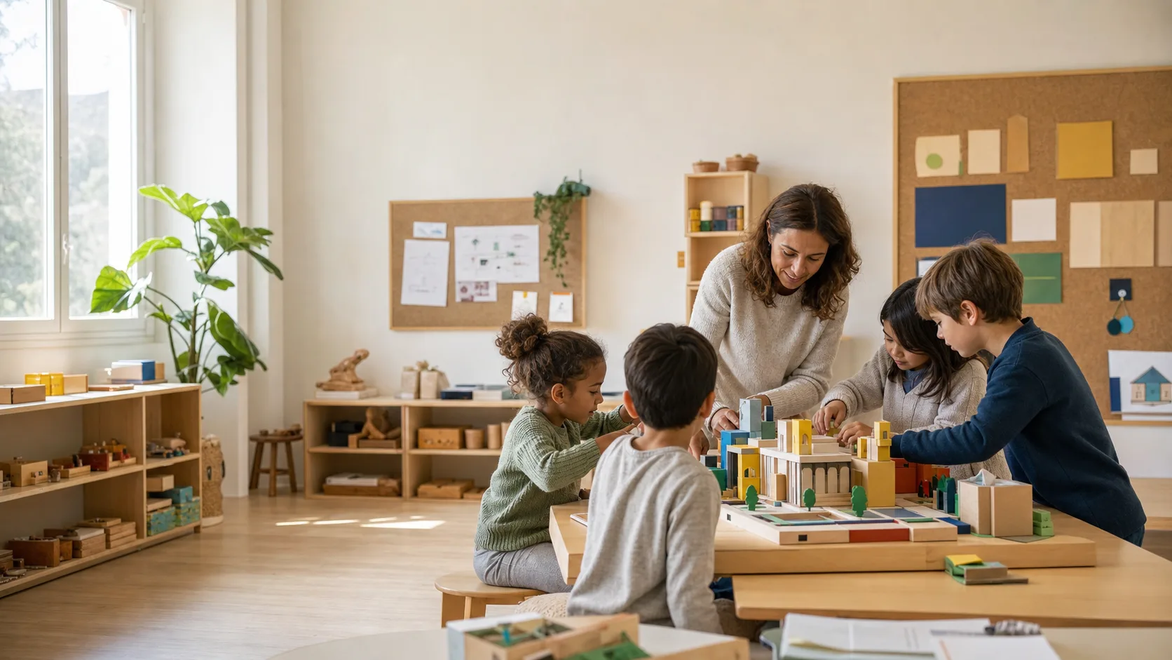 Professora acompanha um grupo de alunos numa atividade de projeto