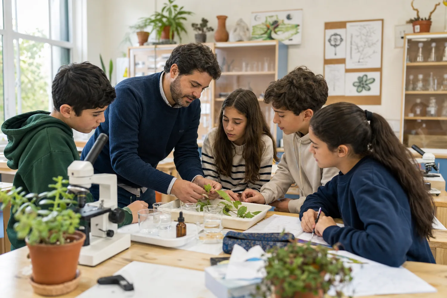 Professor acompanha alunos numa atividade prática de ciências