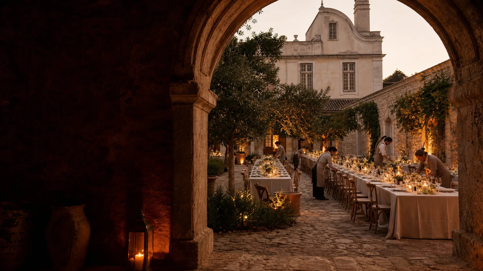 Jantar de casamento num pátio histórico português ao pôr do sol