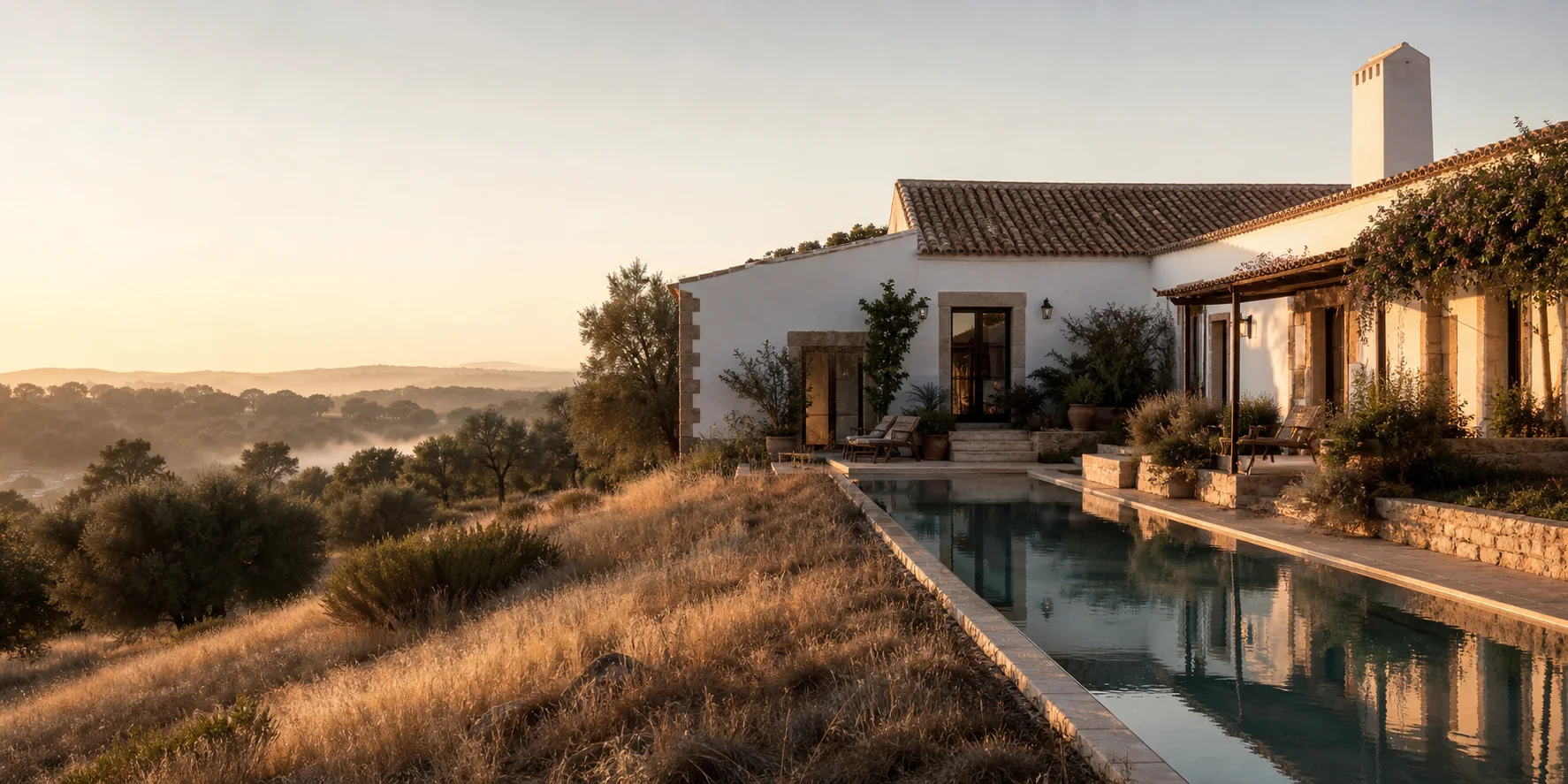 Casa rural branca com piscina entre a paisagem alentejana ao nascer do sol