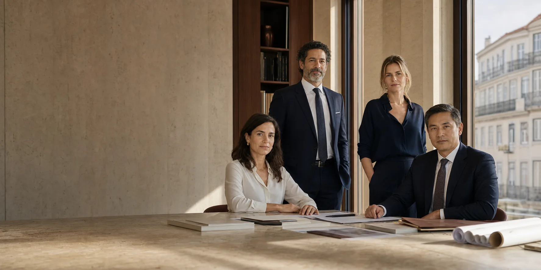 Quatro profissionais fictícios reunidos num escritório contemporâneo em Lisboa